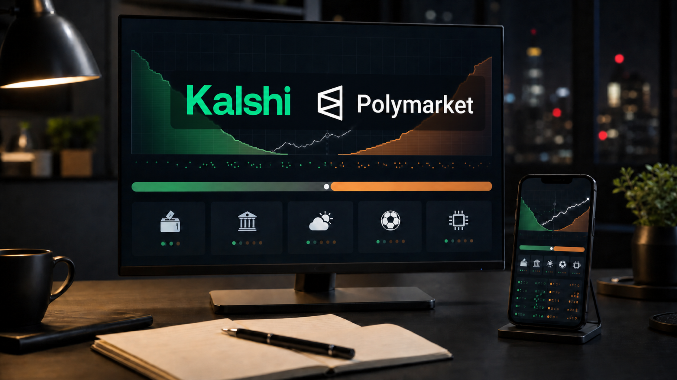หน้าจอตลาดคาดการณ์พร้อมโลโก้ Kalshi และ Polymarket แสดงกราฟความน่าจะเป็นของเหตุการณ์