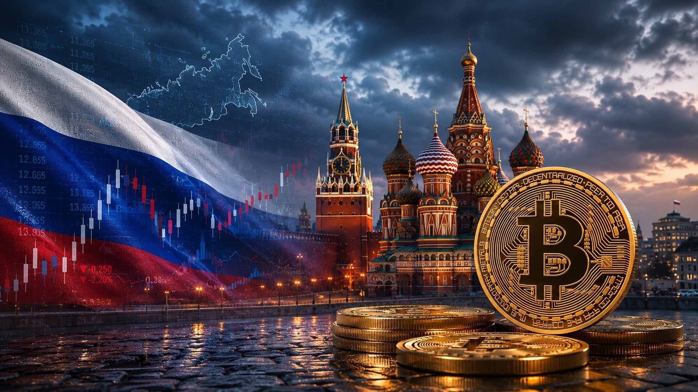 Bitcoin coins in front of Saint Basil's Cathedral and the Russian flag in Moscow