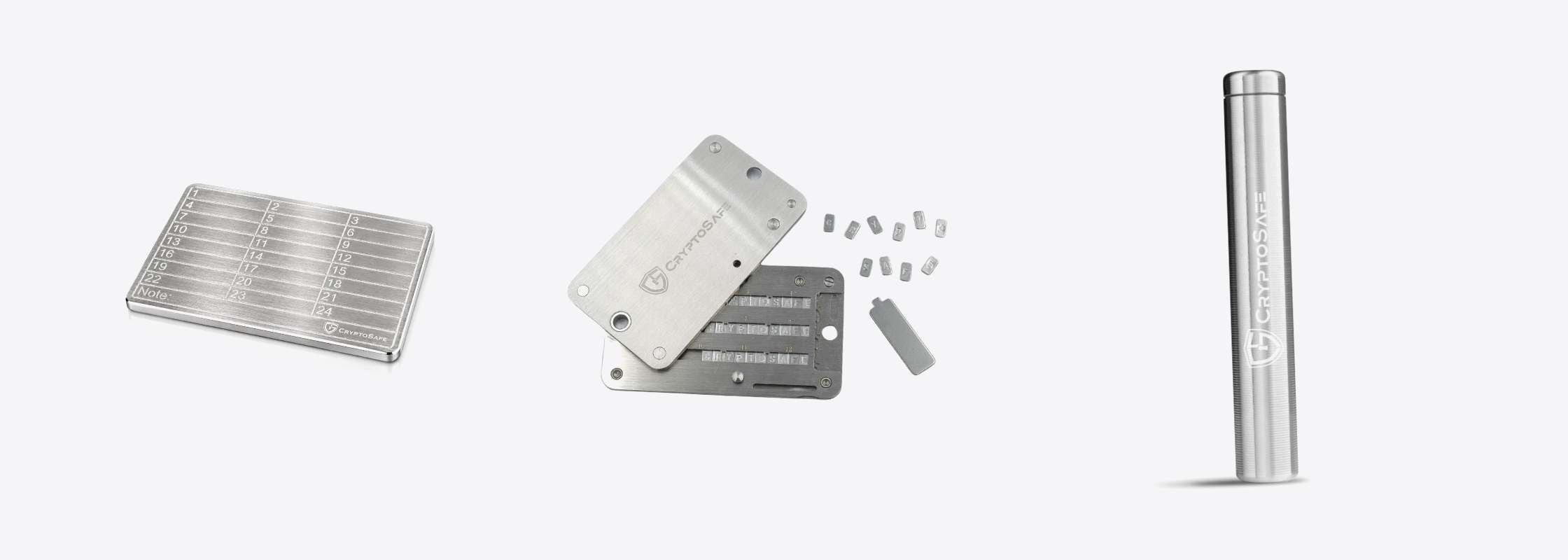 CryptoSafe stainless steel seed phrase backup plates and capsule