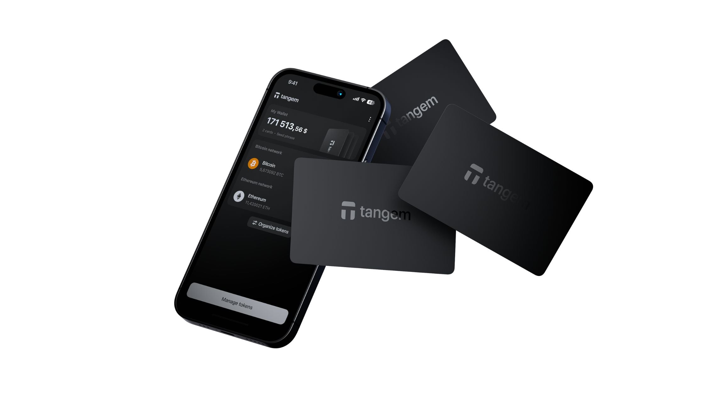 An iPhone running the Tangem app beside two Tangem hardware wallet cards