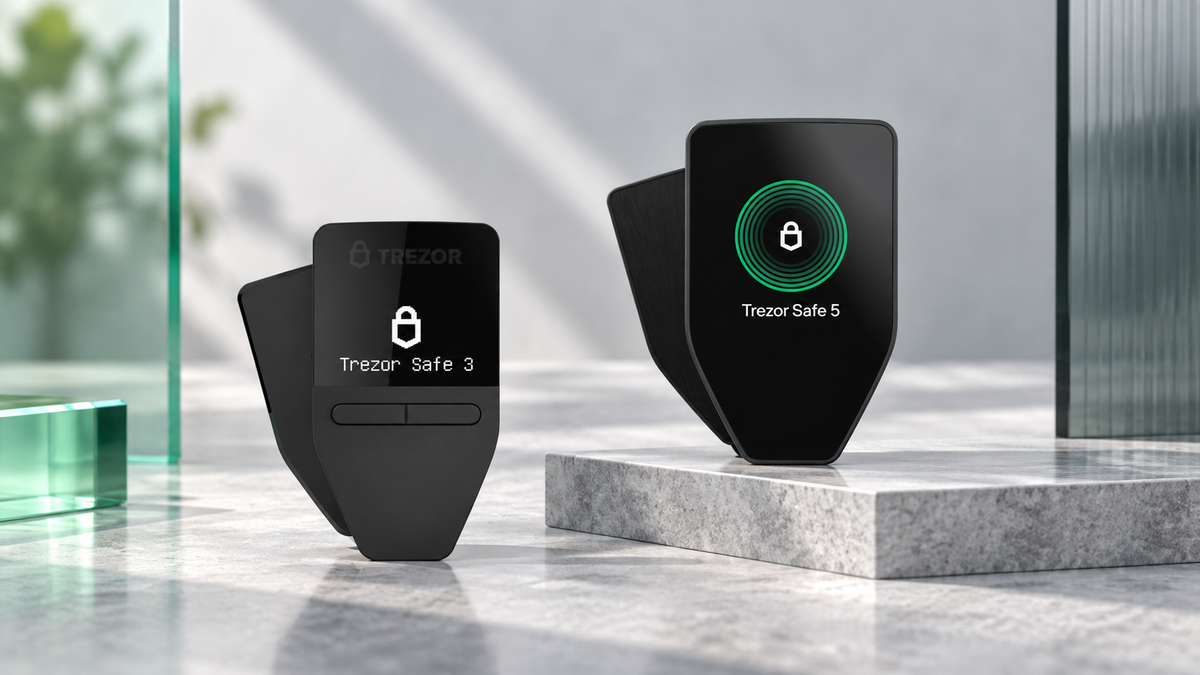 Trezor Safe 3 and Trezor Safe 5 compared in a bright editorial product scene