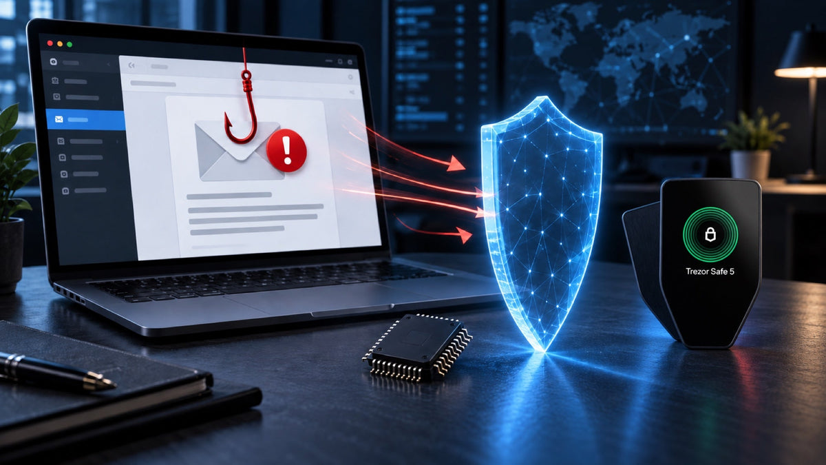 อีเมลฟิชชิงอ้างช่องโหว่ STM32 พร้อม Trezor Safe 5 และสัญลักษณ์ป้องกันภัย