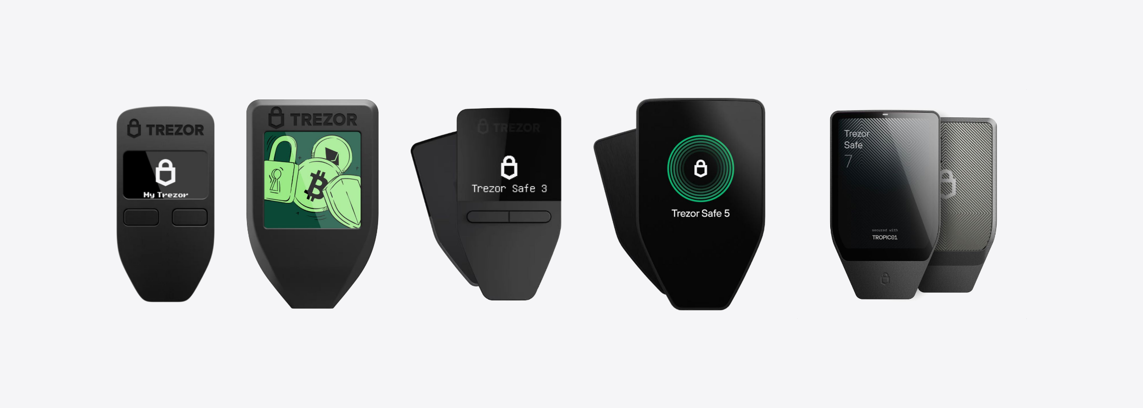 Trezor Model One, Model T, Safe 3, Safe 5 and Safe 7 side by side