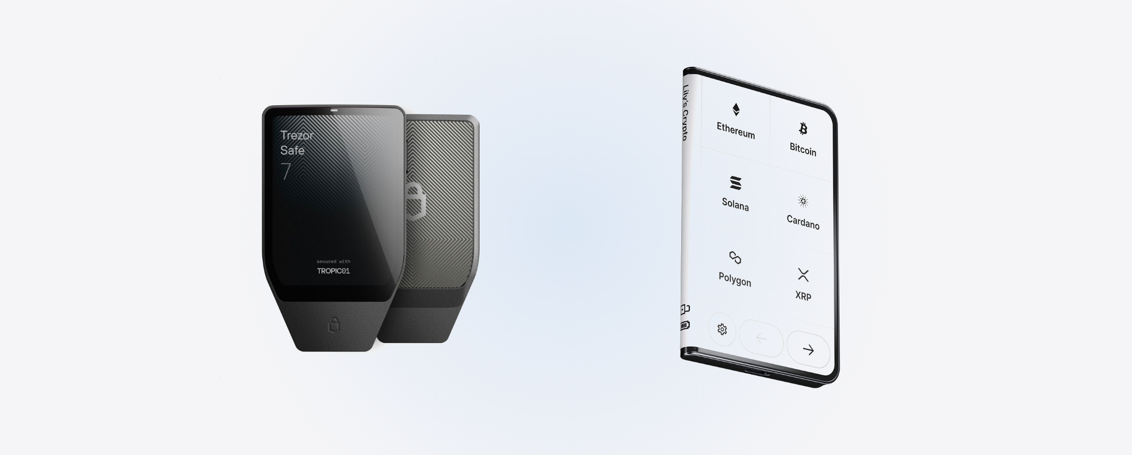Trezor Safe 7 and Ledger Stax hardware wallets side by side