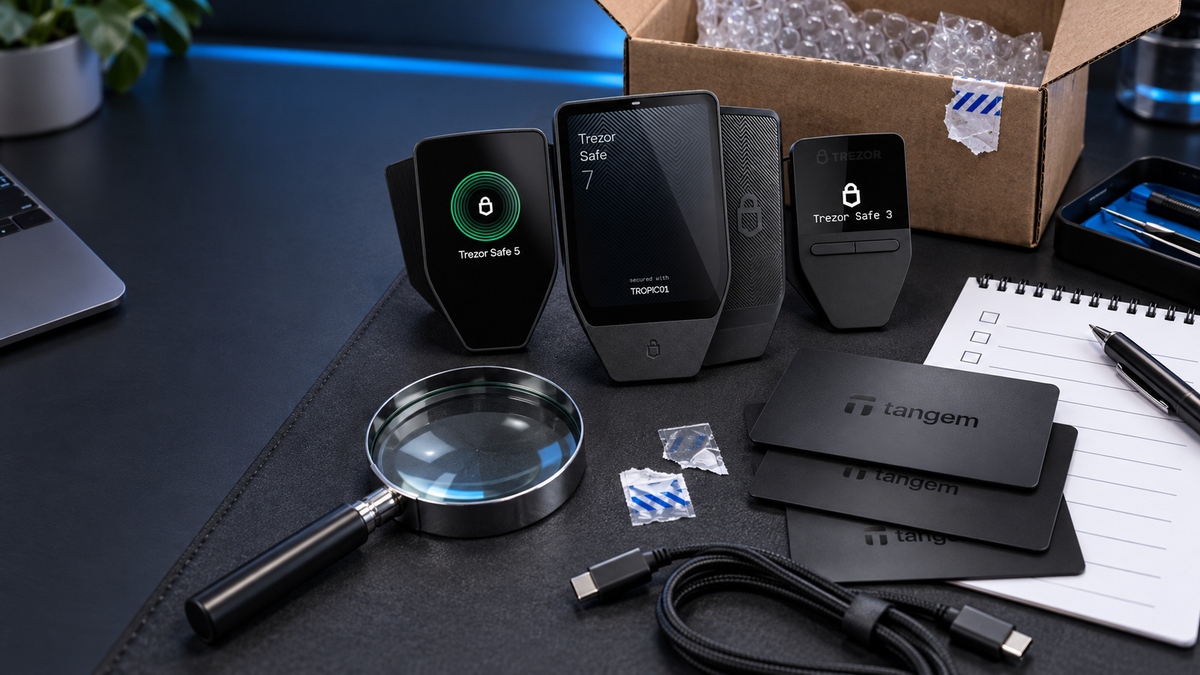 Inspecting used Trezor and Tangem hardware wallets before storing crypto