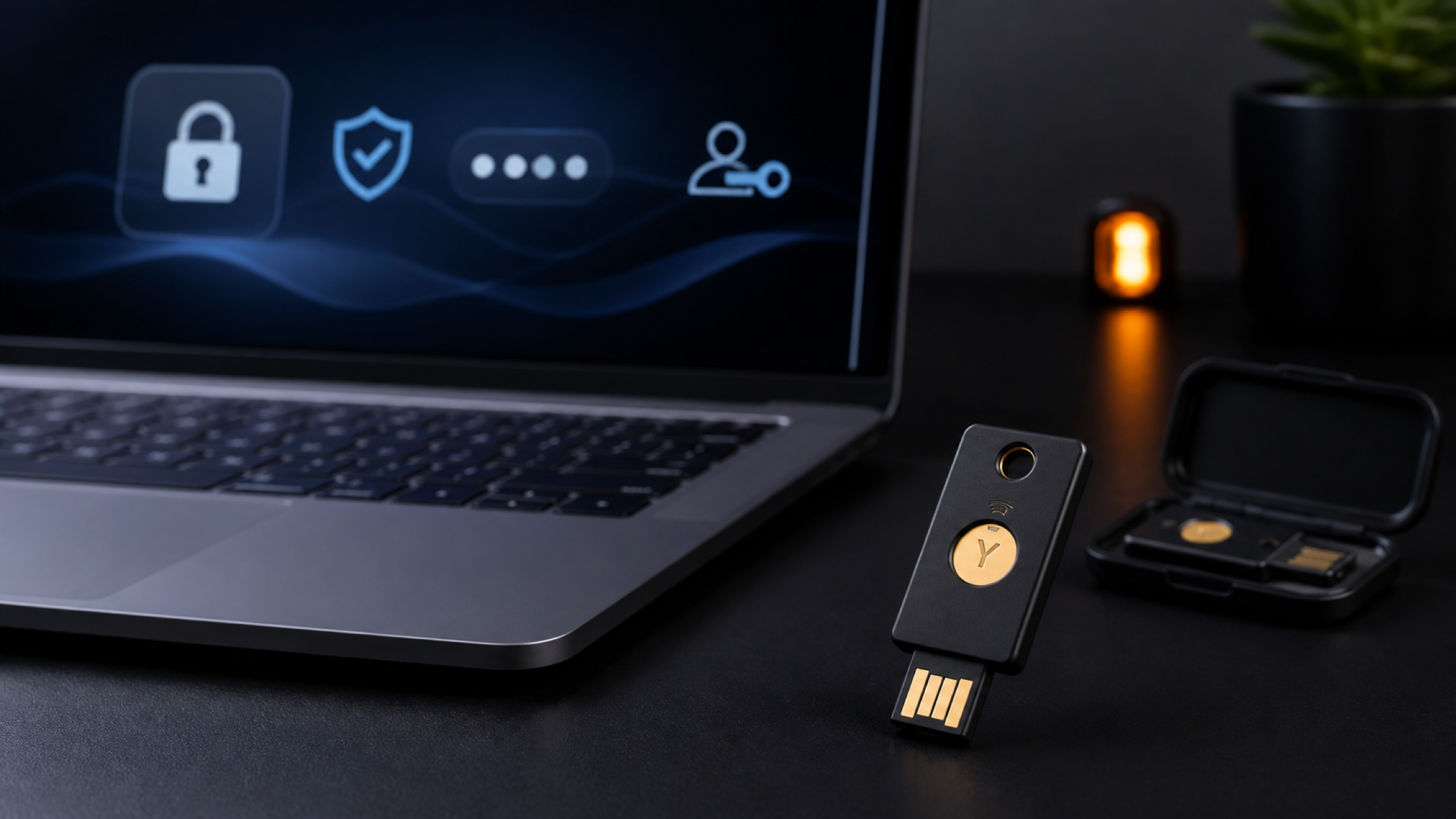 YubiKey สำหรับยืนยันตัวตนด้วย FIDO2 และ Passkey วางข้างคอมพิวเตอร์ พร้อมกุญแจสำรอง