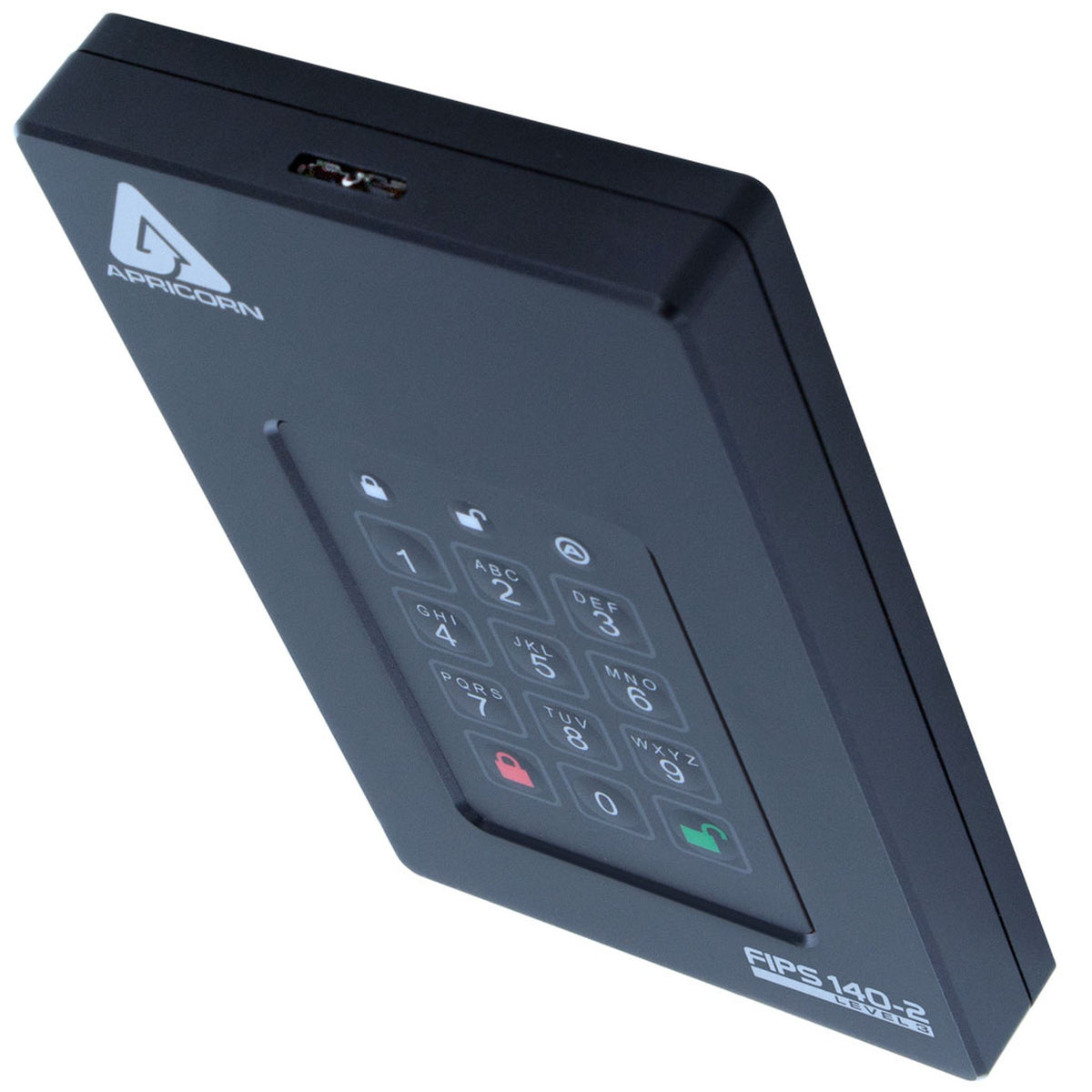 Apricorn Aegis Fortress L3 斜侧视角，可见顶部的数据线接口