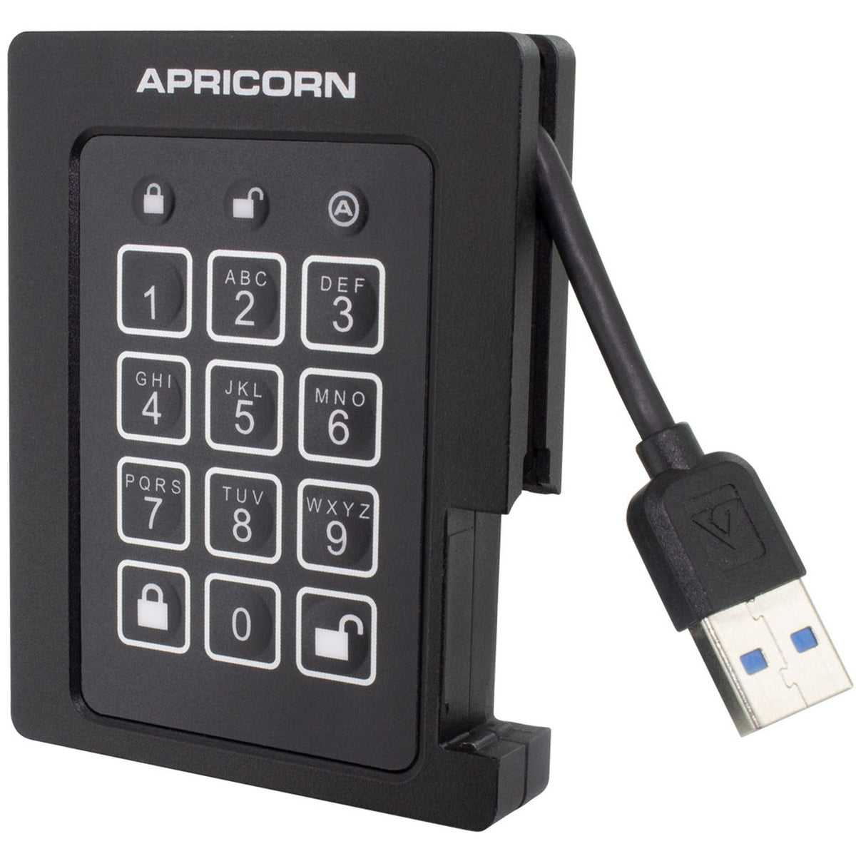 Apricorn Aegis Padlock SSD 拉出 USB-A 数据线，可见 PIN 按键