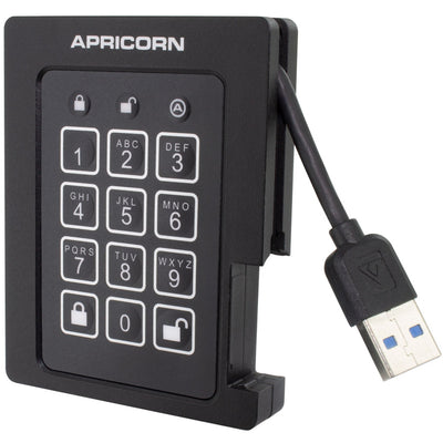 Apricorn Aegis Padlock SSD ดึงสาย USB-A ออกมา เห็นปุ่มกด PIN