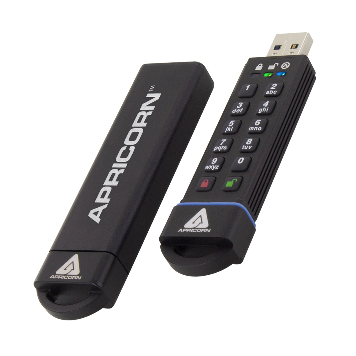 两支 Apricorn Aegis Secure Key 3.0，一支套着保护套，另一支取下保护套露出 PIN 按键