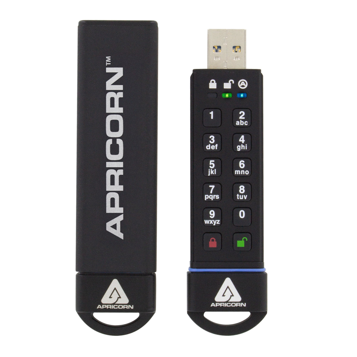 Apricorn Aegis Secure Key 3.0 竖立并排，铝制保护套与带按键的机身