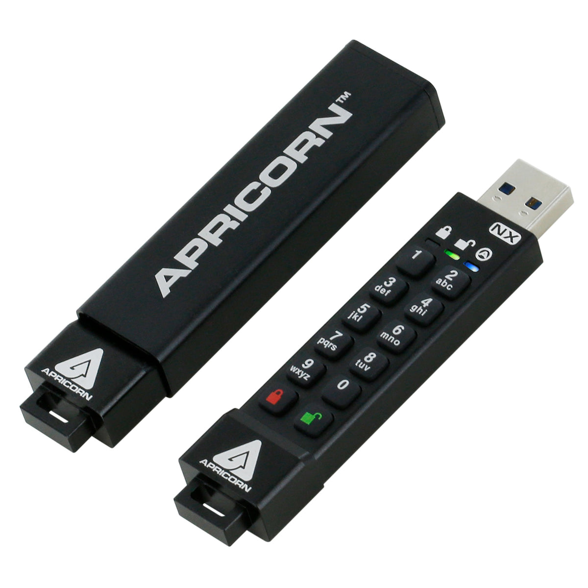 两支 Apricorn Aegis Secure Key 3NX，一支套着保护套，另一支露出按键和 USB-A 接口