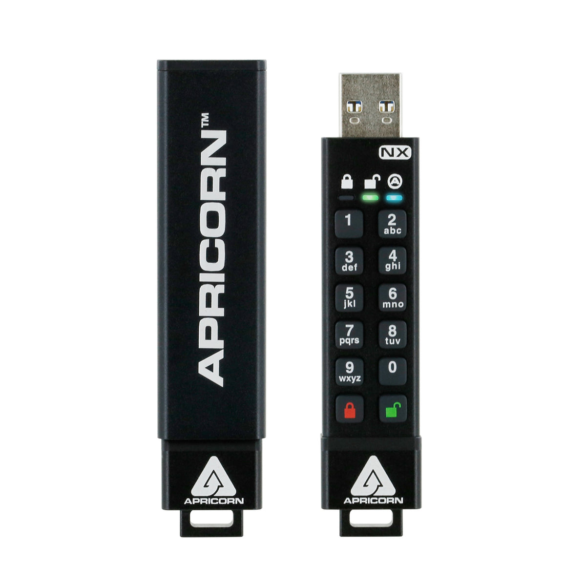 Apricorn Aegis Secure Key 3NX 竖立并排，保护套与带按键的机身