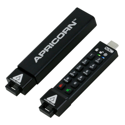 Two Apricorn Aegis Secure Key 3NXC drives, one in its sleeve and one showing the keypad and USB-C connector