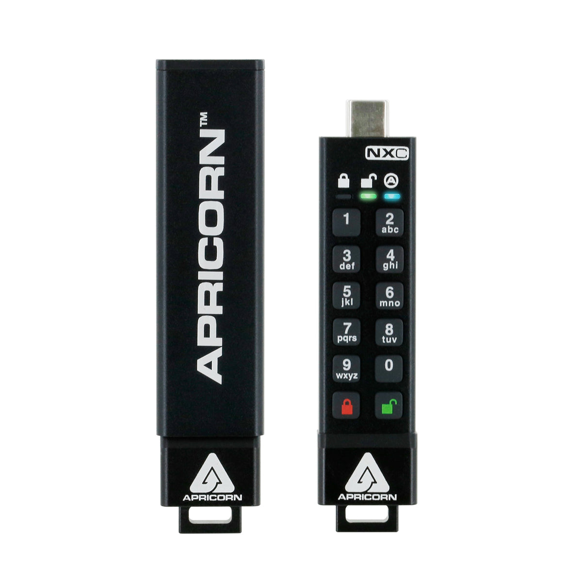 Apricorn Aegis Secure Key 3NXC 竖立并排，保护套与带按键的机身