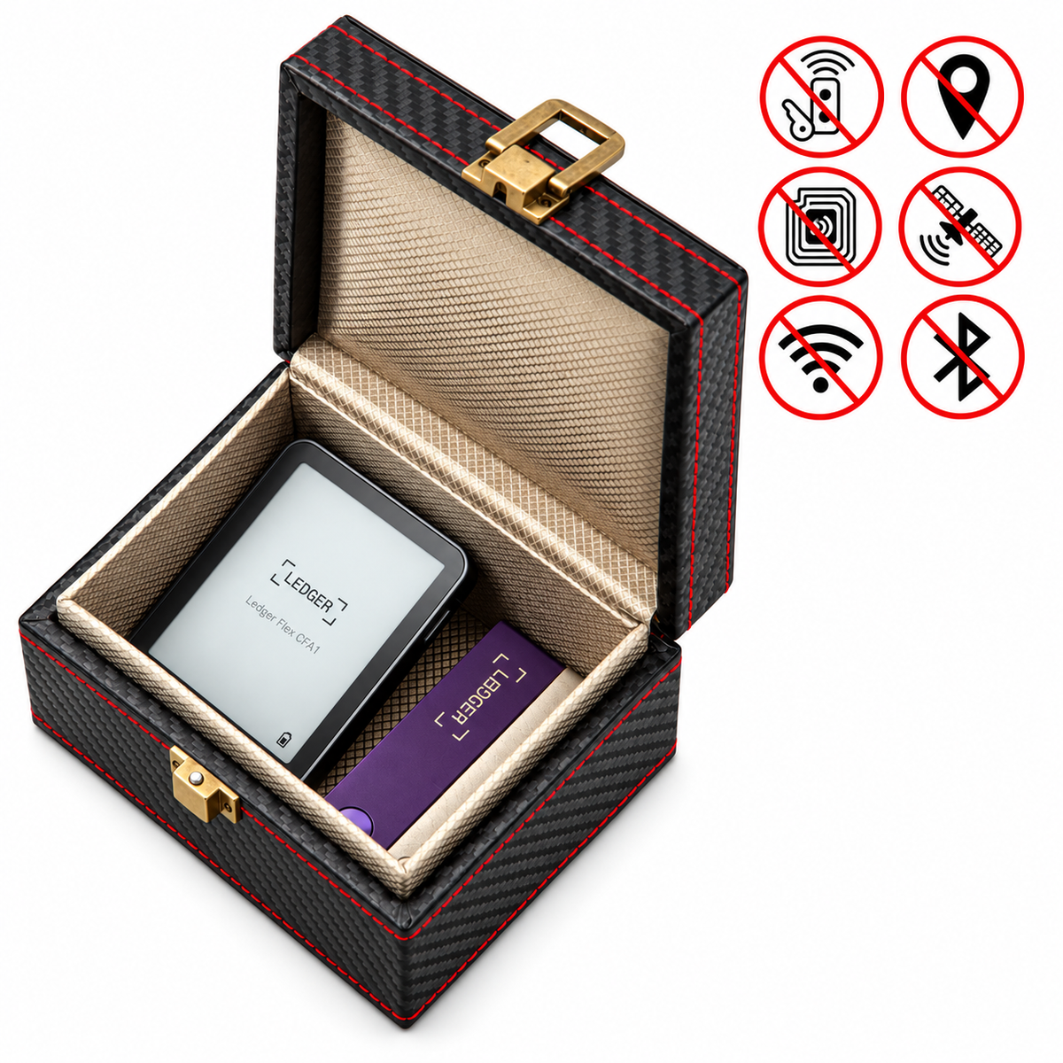 CryptoSafe Vault พร้อมสัญลักษณ์การป้องกันสัญญาณไร้สาย