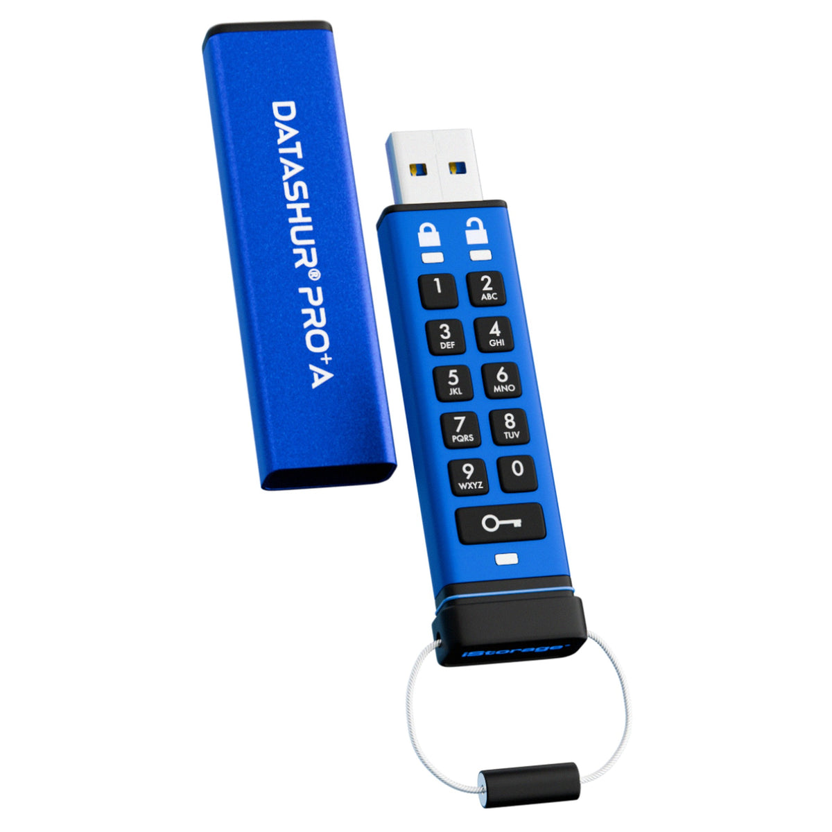 iStorage datAshur PRO+A ดึงตัวไดรฟ์ออกจากปลอก พร้อมห่วงพวงกุญแจ