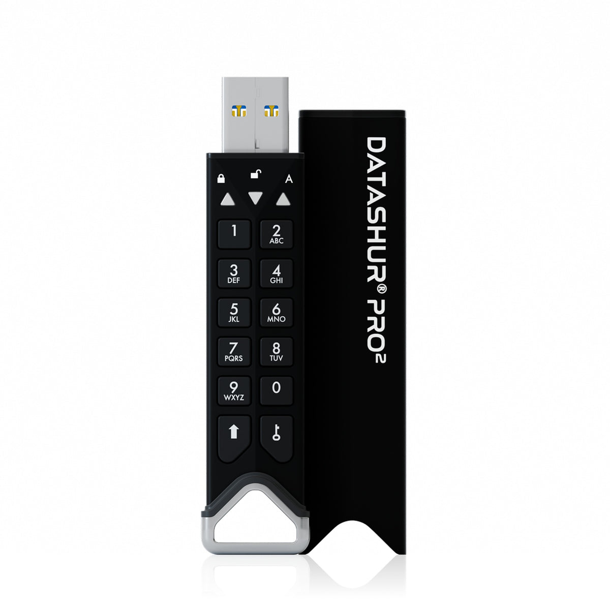 iStorage datAshur PRO2 ตัวไดรฟ์ตั้งคู่กับปลอก เห็นปุ่มกด PIN