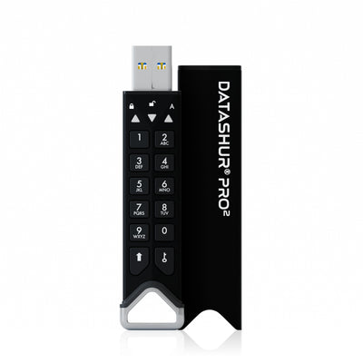 iStorage datAshur PRO2 ตัวไดรฟ์ตั้งคู่กับปลอก เห็นปุ่มกด PIN