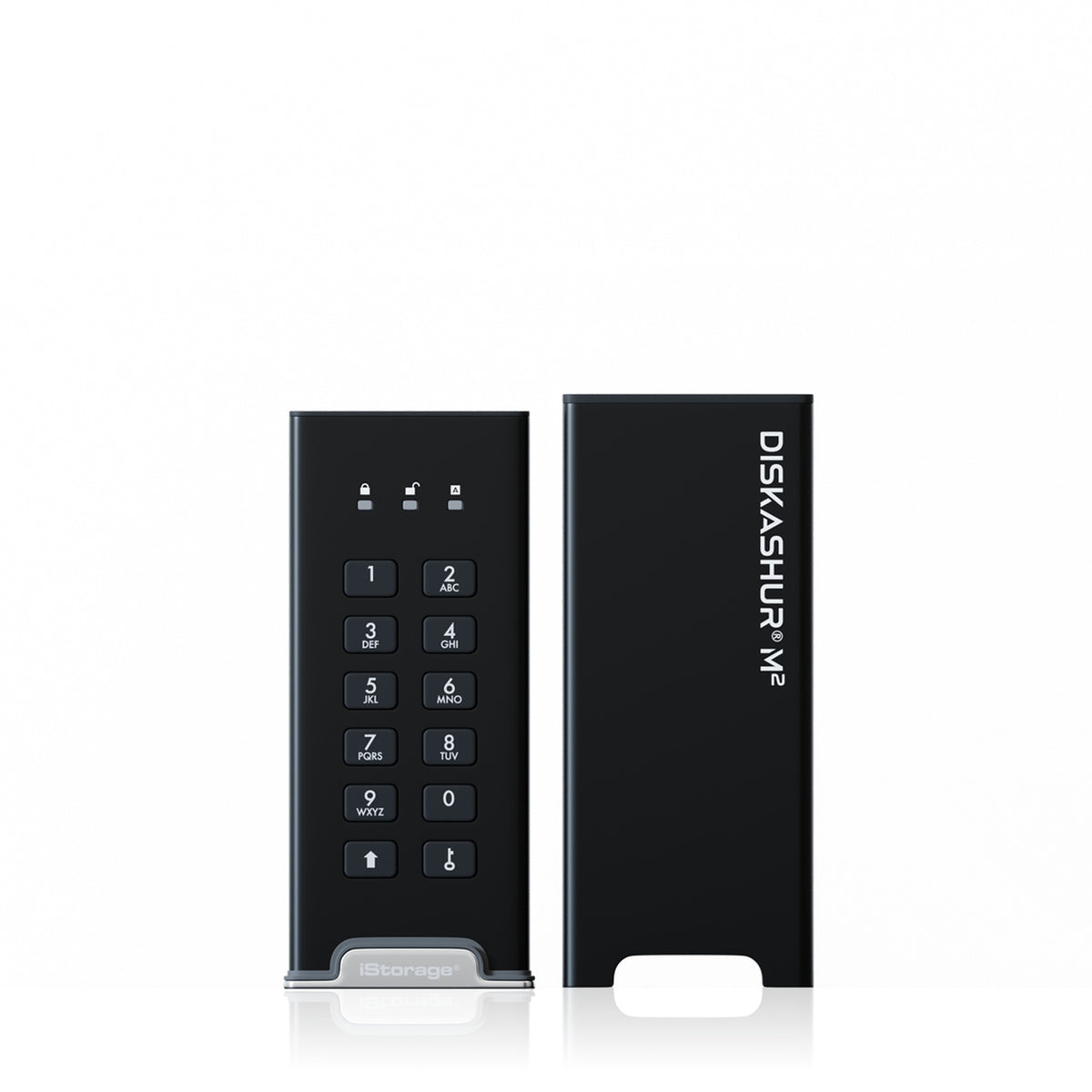 iStorage diskAshur M2 ตัวไดรฟ์วางคู่กับปลอก เห็นปุ่มกด PIN