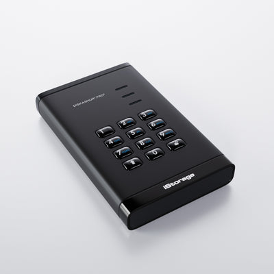 iStorage diskAshur PRO3 วางราบบนโต๊ะ