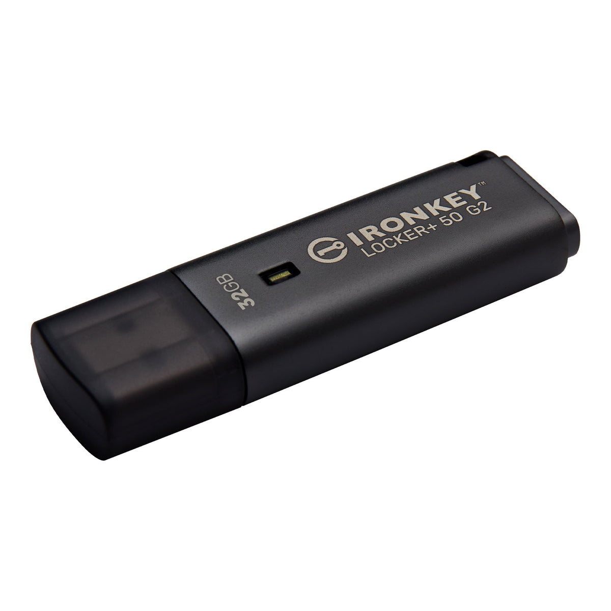 Kingston IronKey Locker+ 50 G2, angled view with the cap on