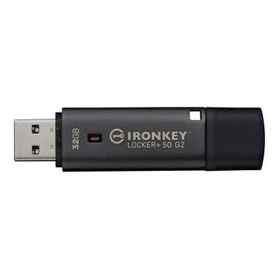 Kingston IronKey Locker+ 50 G2 with the cap off, showing the USB-A connector