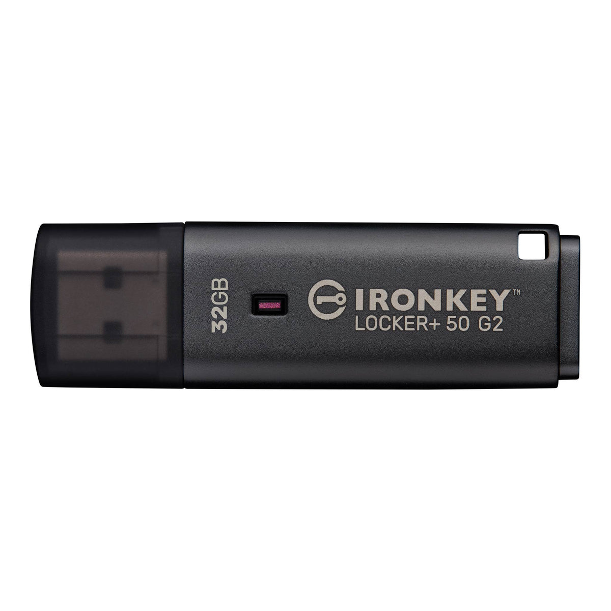Kingston IronKey Locker+ 50 G2, side view with the cap on