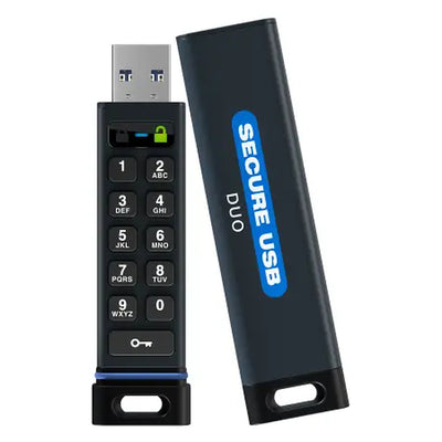 SecureData SecureUSB DUO with the sleeve off, shown beside the sleeve printed Secure USB DUO
