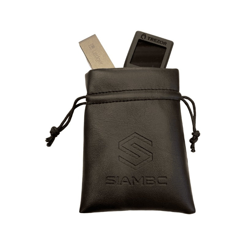 SIAMBC leather bag holding a Ledger and a Trezor hardware wallet