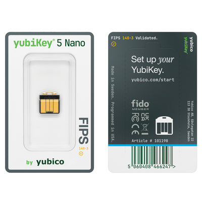 YubiKey 5 Nano FIPS in its retail pack, front and back