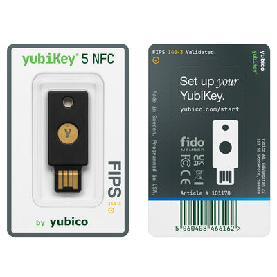 YubiKey 5 NFC FIPS in its retail pack, front and back