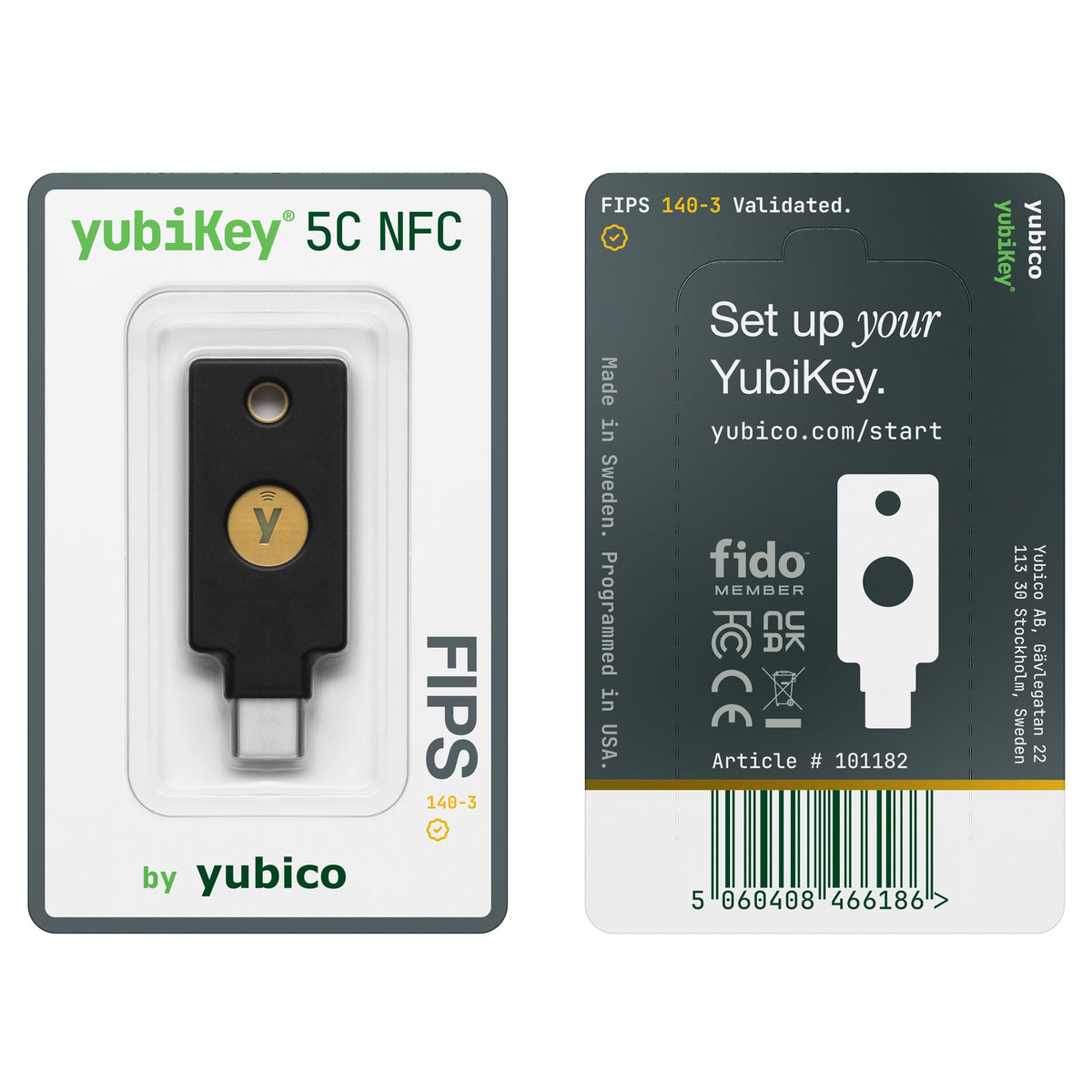 YubiKey 5C NFC FIPS in its retail pack, front and back