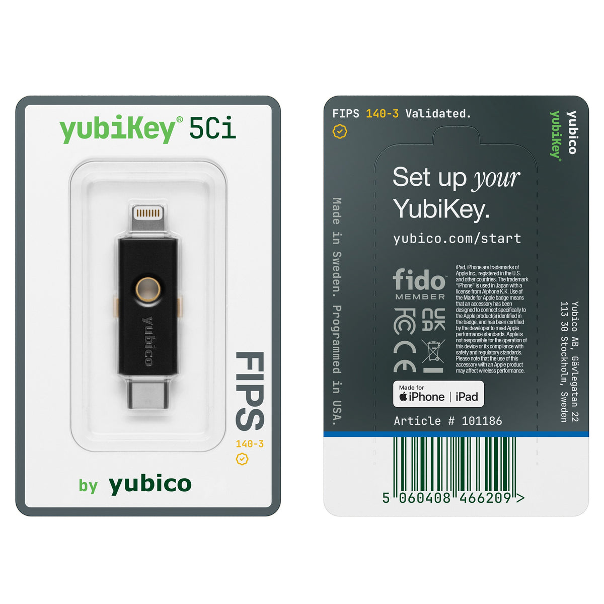 YubiKey 5Ci FIPS ในแพ็กเกจ ด้านหน้าและด้านหลัง